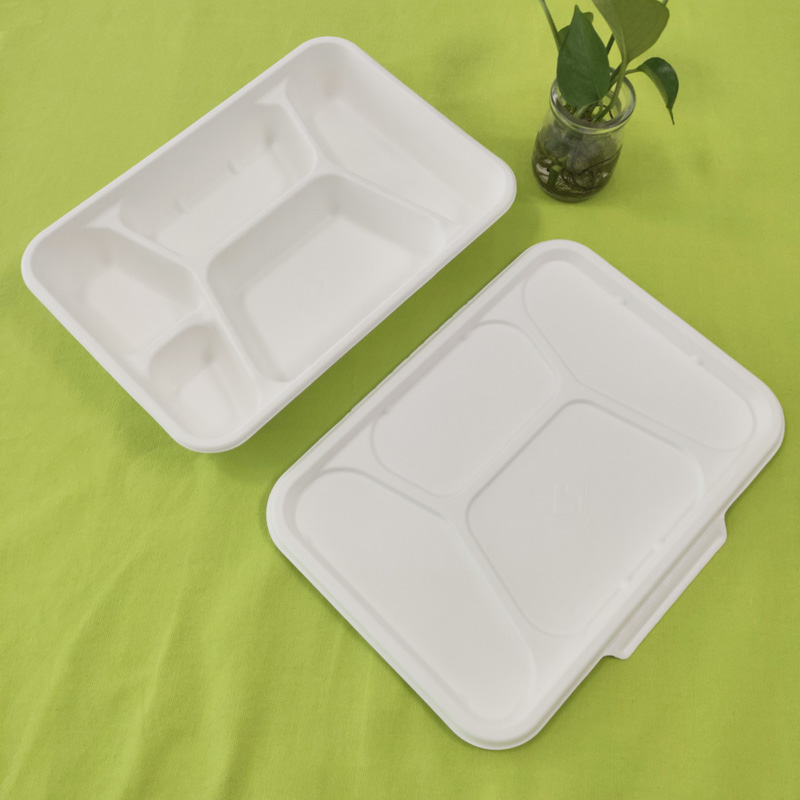 झाकण असलेली bagasse 5 कंपार्टमेंट ट्रे